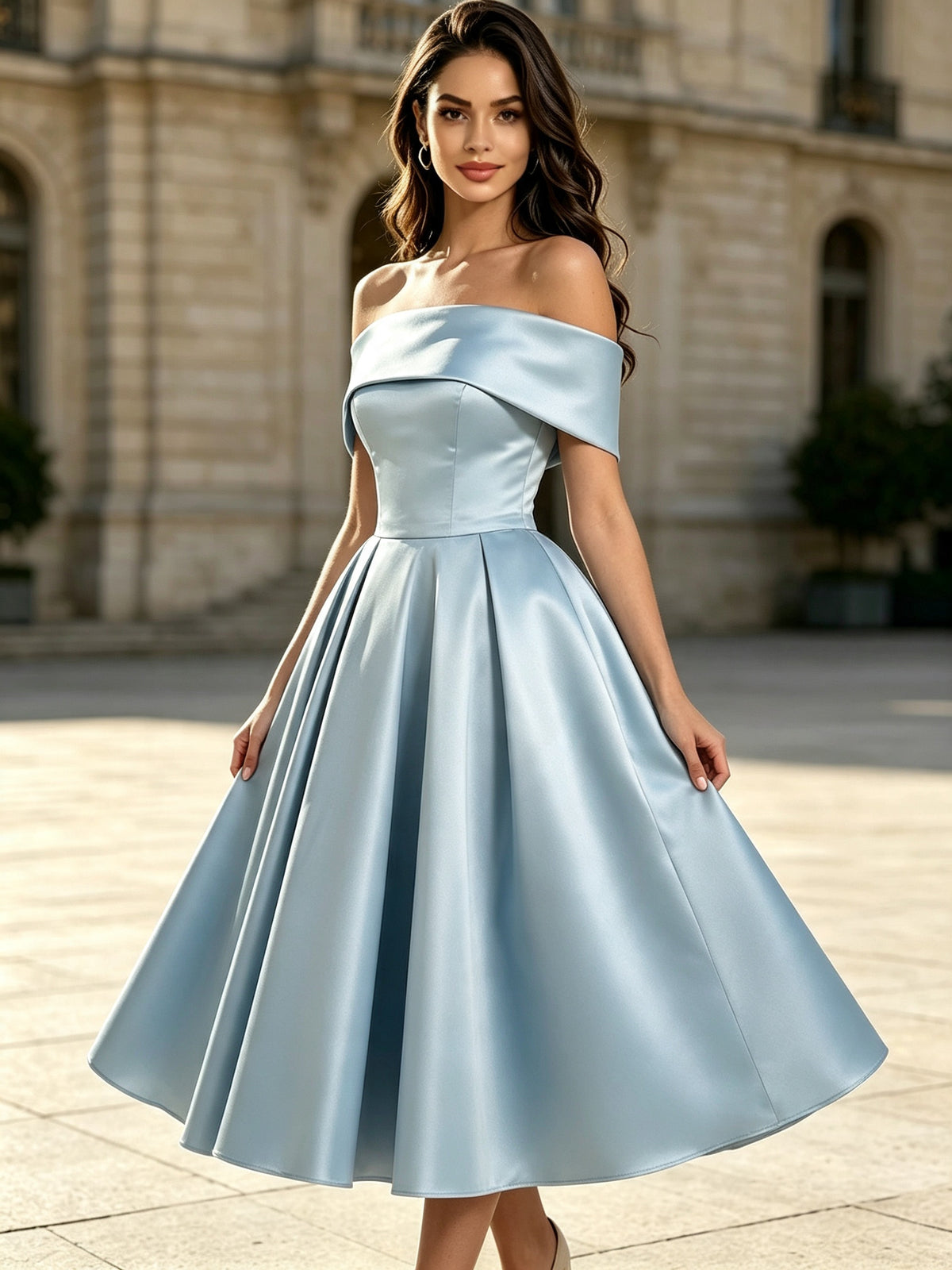 Light Blue Satin Off the Shoulder Tea Length A-Line Prom Dress with Lace-up Back, PD03