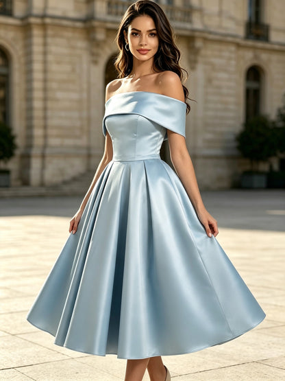 Light Blue Satin Off the Shoulder Tea Length A-Line Prom Dress with Lace-up Back, PD03