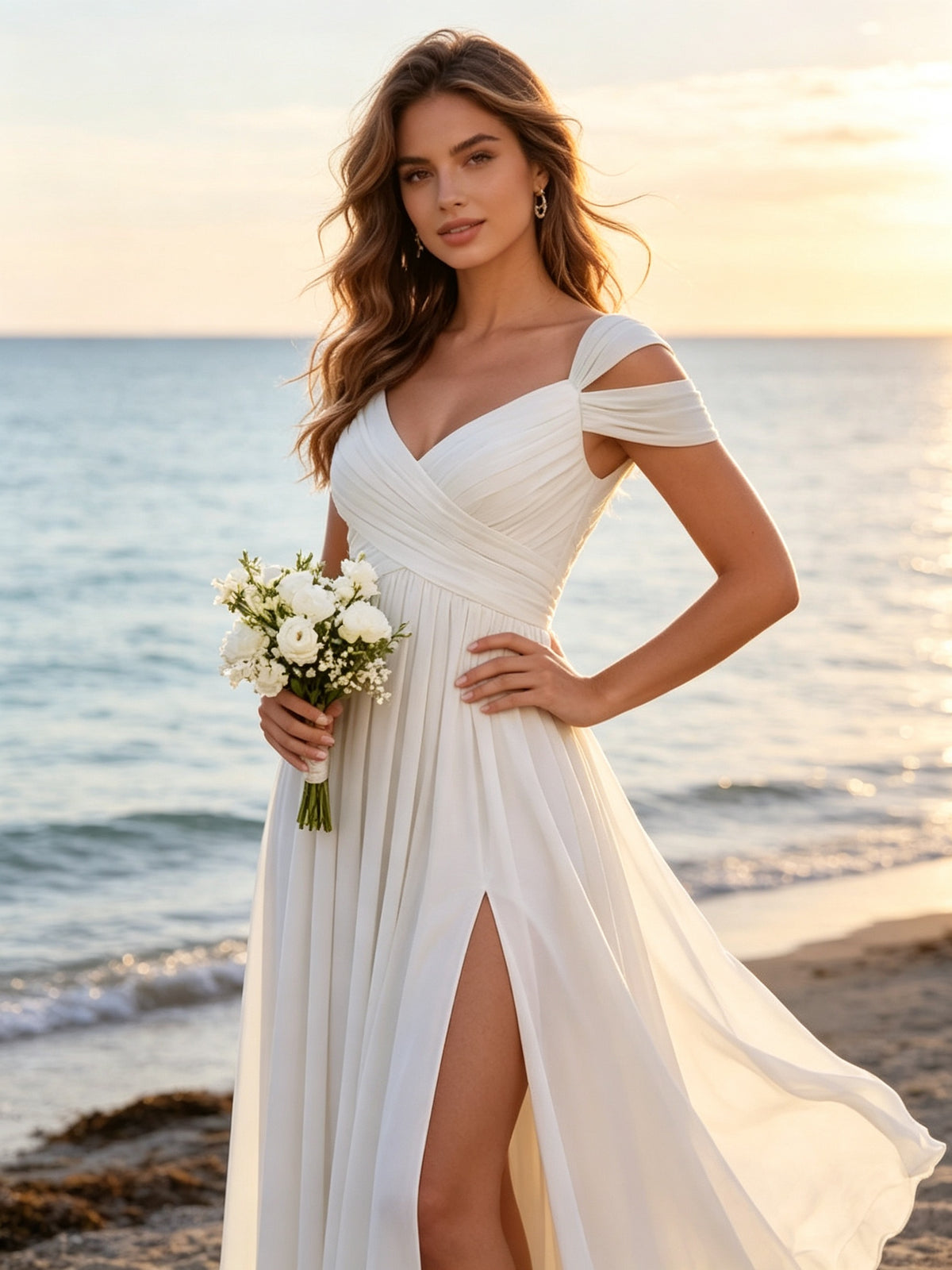 Ivory Chiffon V Neck Cold Shoulder Long Prom Dress with Pleated Bodice and Slit, PD04