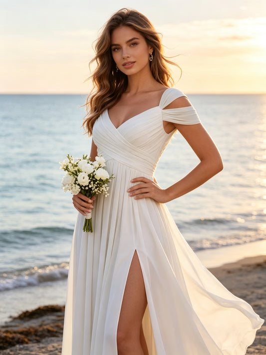 Ivory Chiffon V Neck Cold Shoulder Long Prom Dress with Pleated Bodice and Slit, PD04