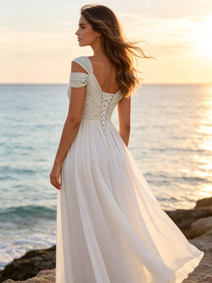 Ivory Chiffon V Neck Cold Shoulder Long Prom Dress with Pleated Bodice and Slit, PD04
