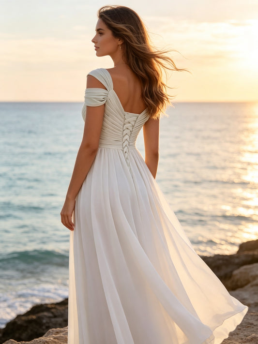 Ivory Chiffon V Neck Cold Shoulder Long Prom Dress with Pleated Bodice and Slit, PD04