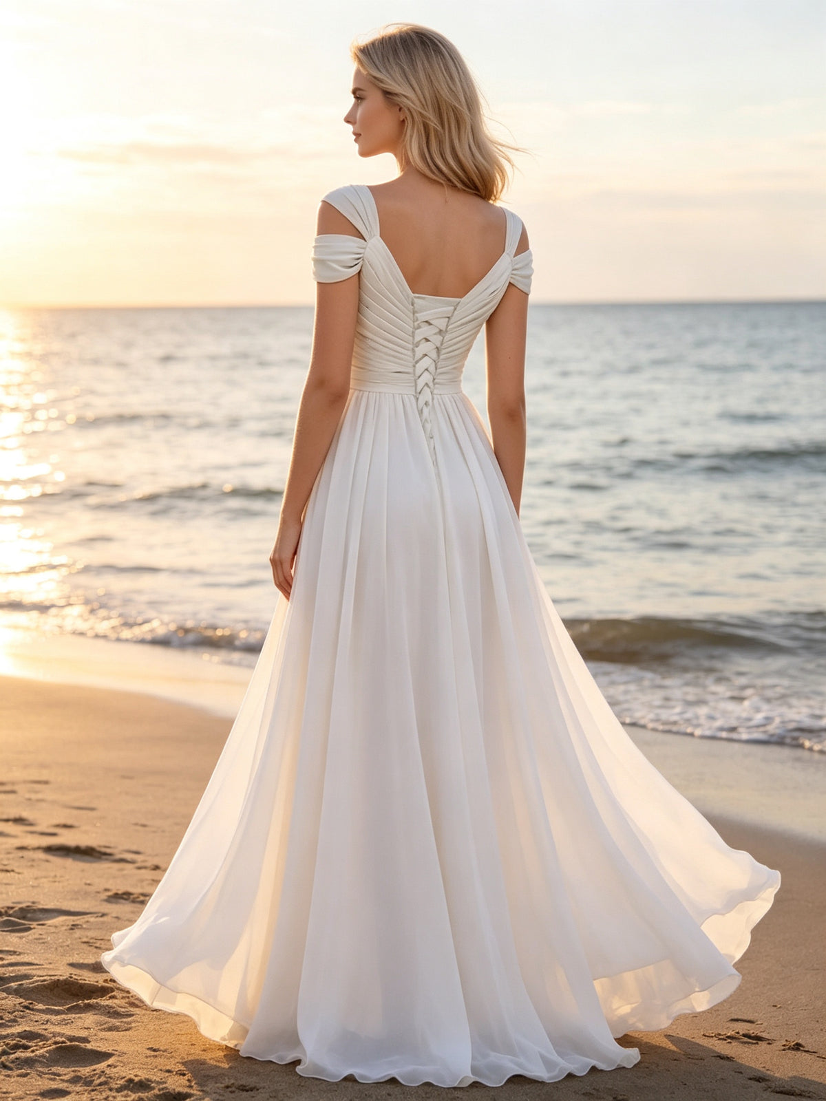 Ivory Chiffon V Neck Cold Shoulder Long Prom Dress with Pleated Bodice and Slit, PD04