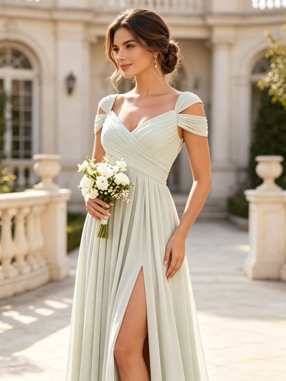 Ivory Chiffon V Neck Cold Shoulder Long Prom Dress with Pleated Bodice and Slit, PD04