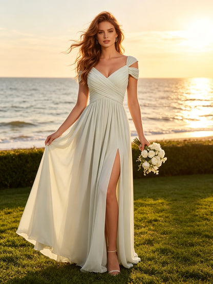 Ivory Chiffon V Neck Cold Shoulder Long Prom Dress with Pleated Bodice and Slit, PD04