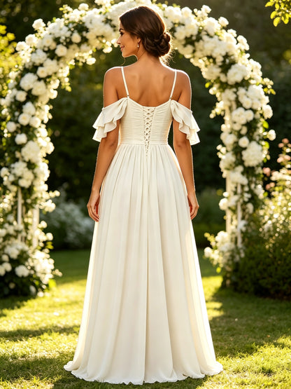 Ivory Chiffon Sweetheart Ruffle Off the Shoulder Long Prom Dress with Slit, PD05