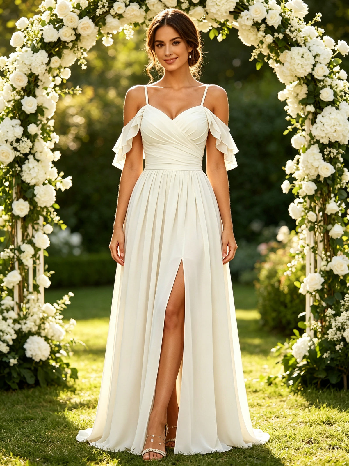 Ivory Chiffon Sweetheart Ruffle Off the Shoulder Long Prom Dress with Slit, PD05