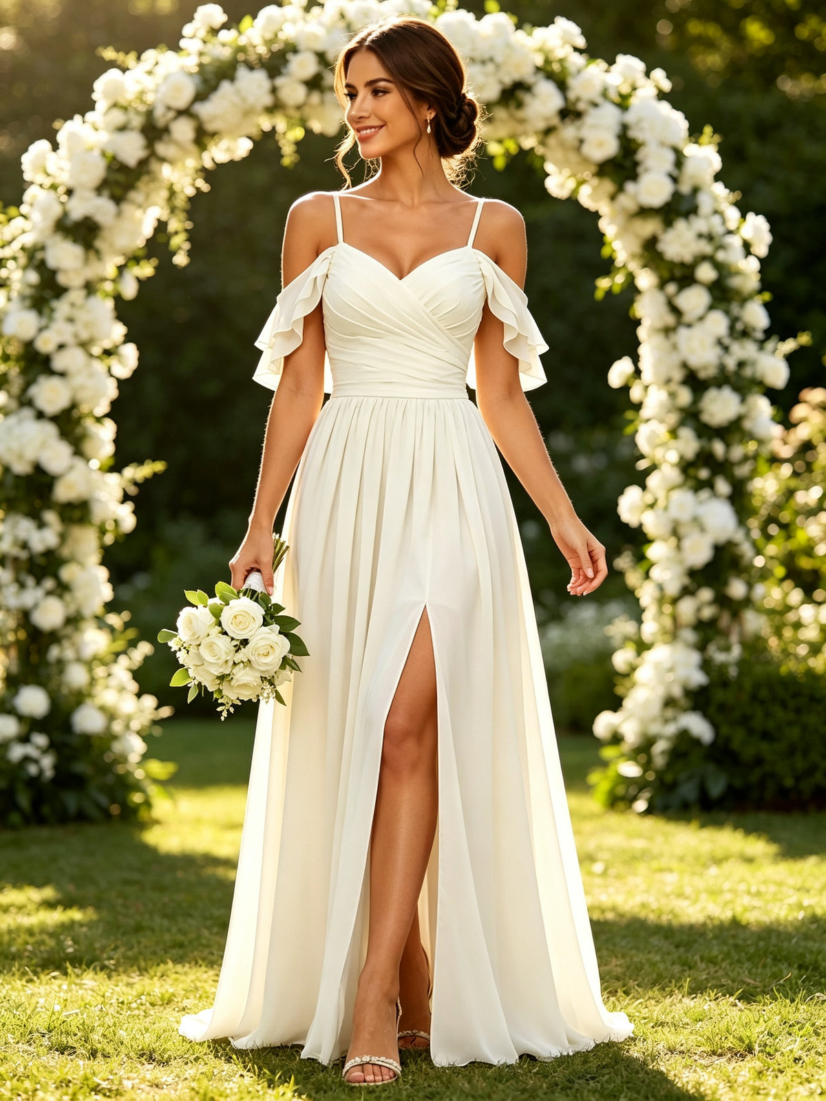 Ivory Chiffon Sweetheart Ruffle Off the Shoulder Long Prom Dress with Slit, PD05