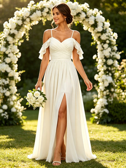 Ivory Chiffon Sweetheart Ruffle Off the Shoulder Long Prom Dress with Slit, PD05