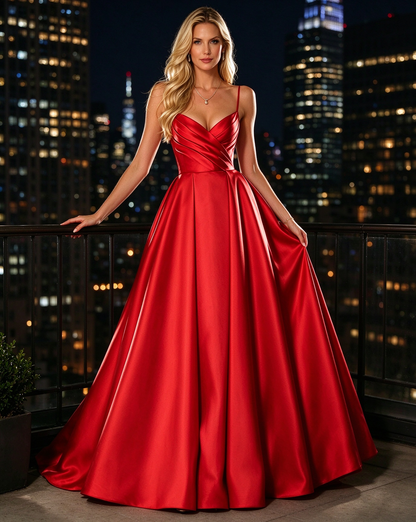 Red Satin V Neck Spaghetti Straps A-Line Long Prom Dress with Sweep Train, PD06
