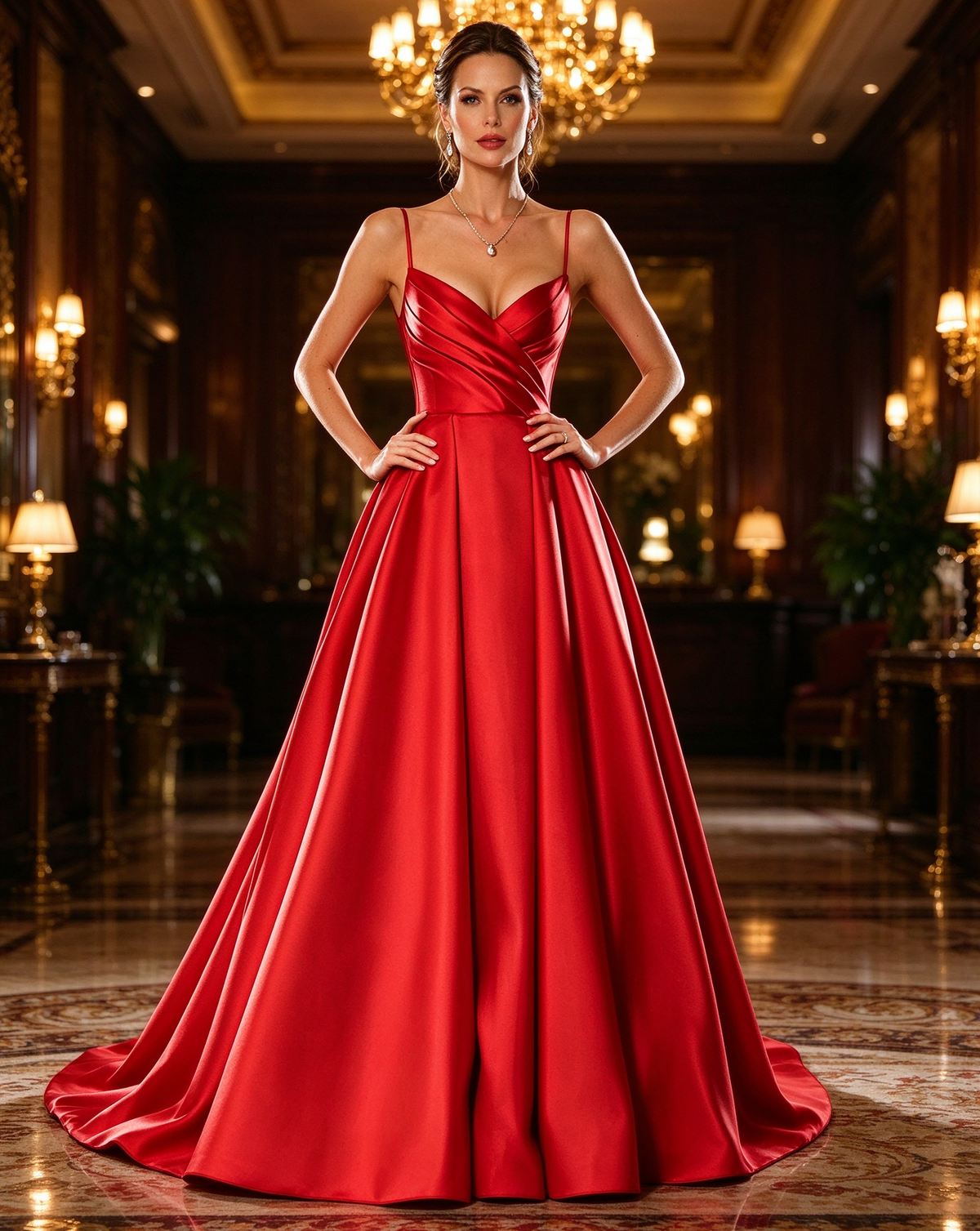 Red Satin V Neck Spaghetti Straps A-Line Long Prom Dress with Sweep Train, PD06