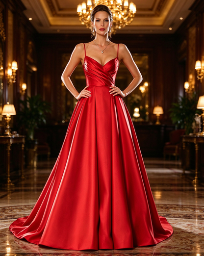 Red Satin V Neck Spaghetti Straps A-Line Long Prom Dress with Sweep Train, PD06