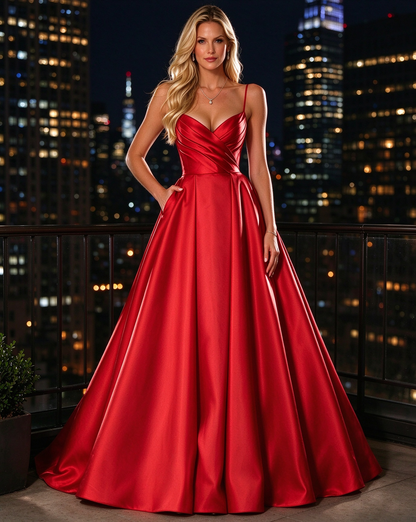 Red Satin V Neck Spaghetti Straps A-Line Long Prom Dress with Sweep Train, PD06