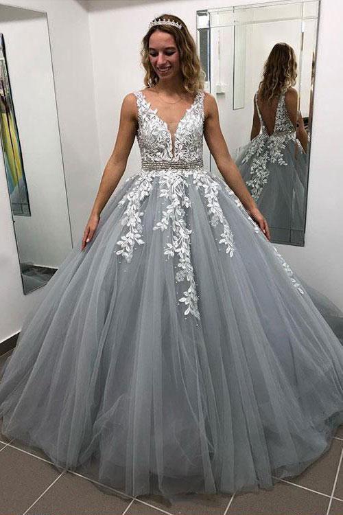 Ethereal Beauty Silver Tulle Ball Gown with White Appliques, PD2305134