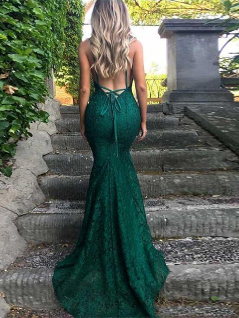 Spaghetti Straps Trumpet Mermaid Dark Green Lace Off-the-Shoulder Prom Dress Formal Dress Bridesmaid Dress, BD2306224