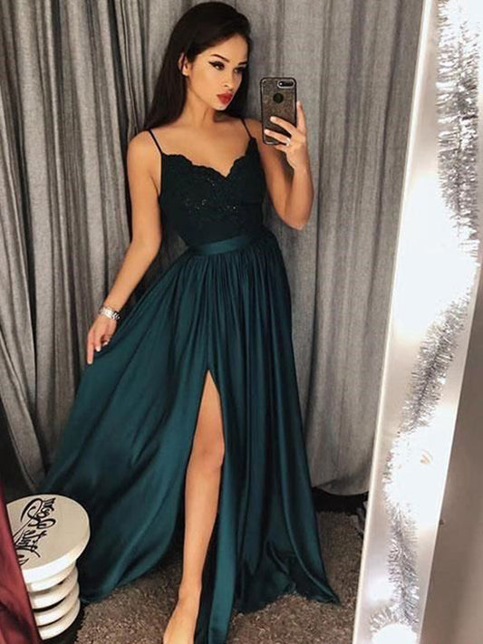 Green Sweetheart Side Slit Elastic Satin Cheap A-Line Prom Dress, PD23060111