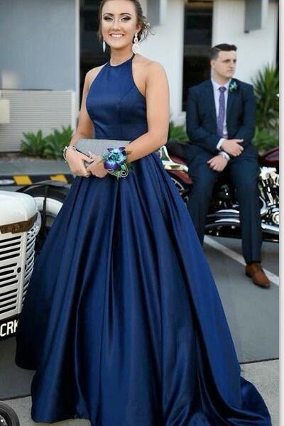 Elegant Dark Navy A-Line Satin Sleeveless Prom Dress, PD2308117