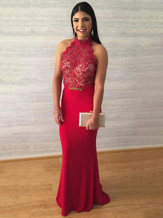 Striking Red Lace Backless High Neck Sheath Prom Dress, PD2305188