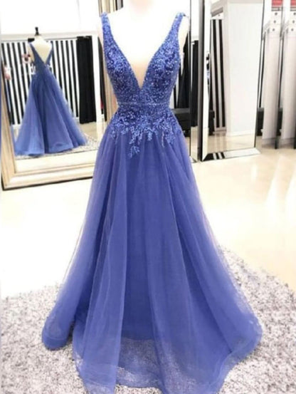 Royal Blue Tulle With Appliques V-Neck A-Line Prom Dress, PD2306057