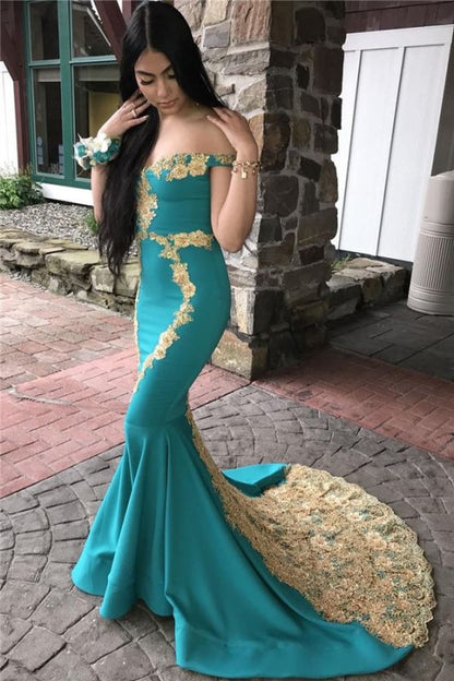 Jade Satin Off-the-Shoulder Prom Dress with Gold Appliques, PD2305053