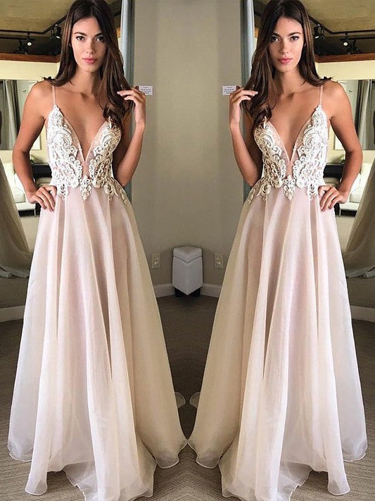 Pearl Pink Backless Lace V-Neck Chiffon A-Line Prom Dress, PD23060113