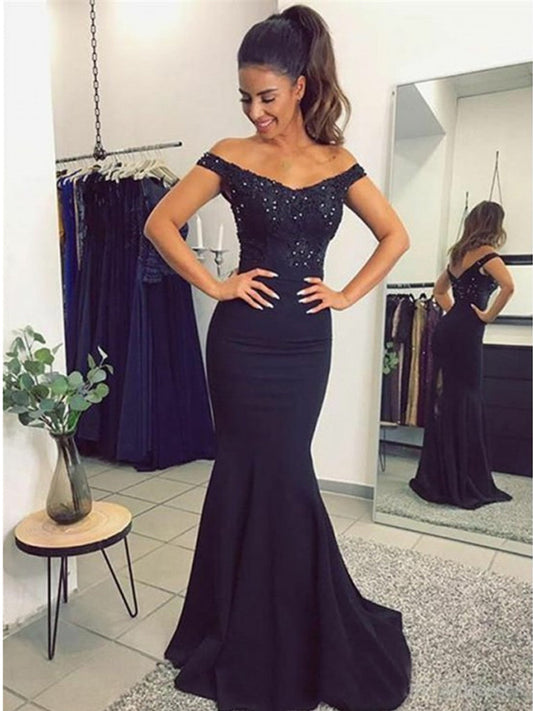 Navy Blue Lace Off-the-Shoulder Mermaid Prom Dresses, Navy Blue Lace Off-the-Shoulder Bridesmaid Evening Formal Dresses, BD2306221