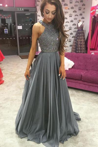 Silver Beaded Princess A-Line Chiffon Prom, PD2305259