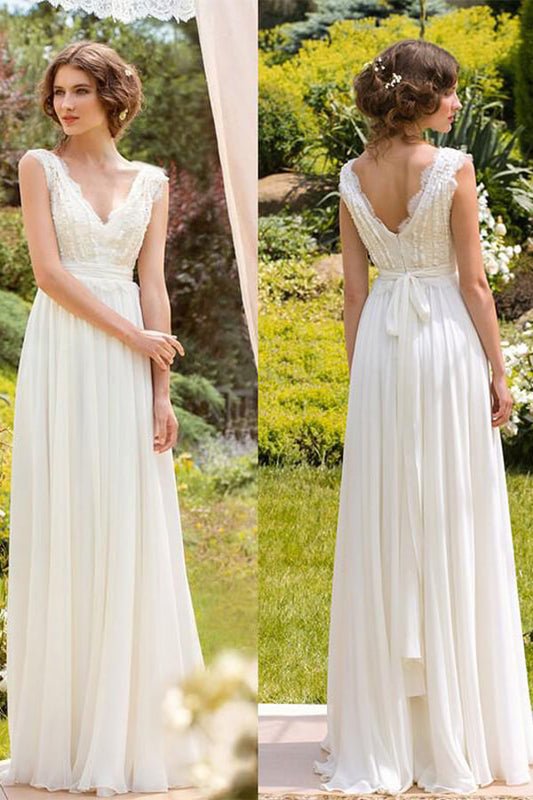 Elegant Ivory Chiffon Lace V-neck Floor-length Wedding Dress, WD2308231