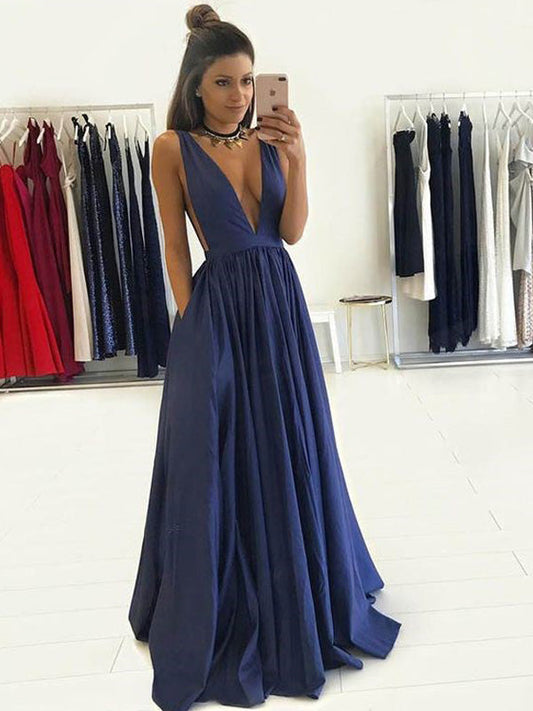 Navy Blue Deep V-Neck A-Line Satin Prom, PD2305249