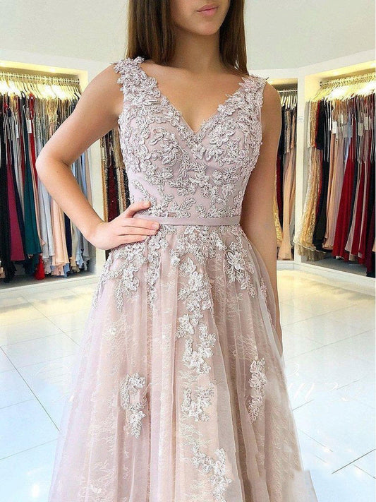 Dusty-Rose A-Line V Neck Sleeveless Applique Tulle Prom Dresses, PD2310038