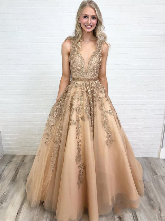 Champagne A-Line Applique Beaded V Neck Sleeveless Tulle Prom Dresses, PD2310035