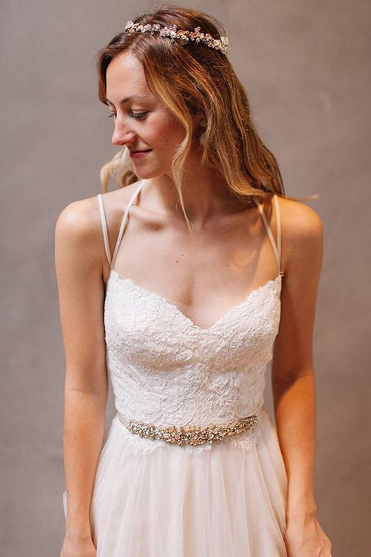 Online Wedding Dresses - A-Line Tulle with Open Back and Simple Spaghetti Straps, WD2305203