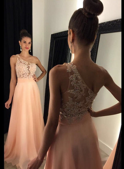 Peach One Shoulder Chiffon Princess A-Line Prom, PD2305257