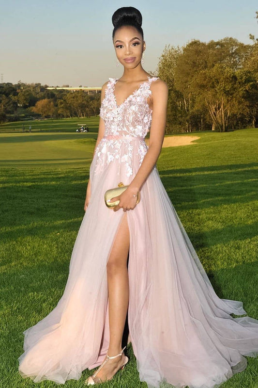 Blush Pink V-Neck Lace Side Slit Tulle A-Line Prom Dress, PD2310062