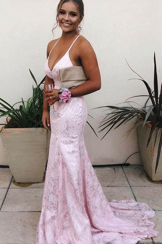 Pink Sophistication Lace-Up Backless Sheath Prom Dress, PD2305141