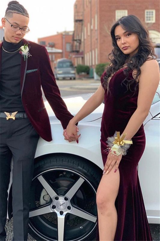 Burgundy Velvet V-Neck Backless Prom Dress, PD2305150