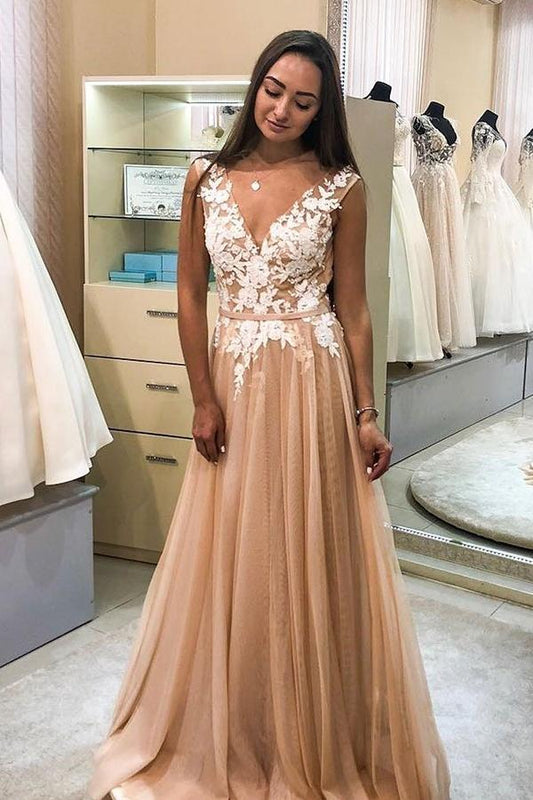 Champagne A-Line Tulle V-Neck Prom Dress with White Appliques, PD2306222