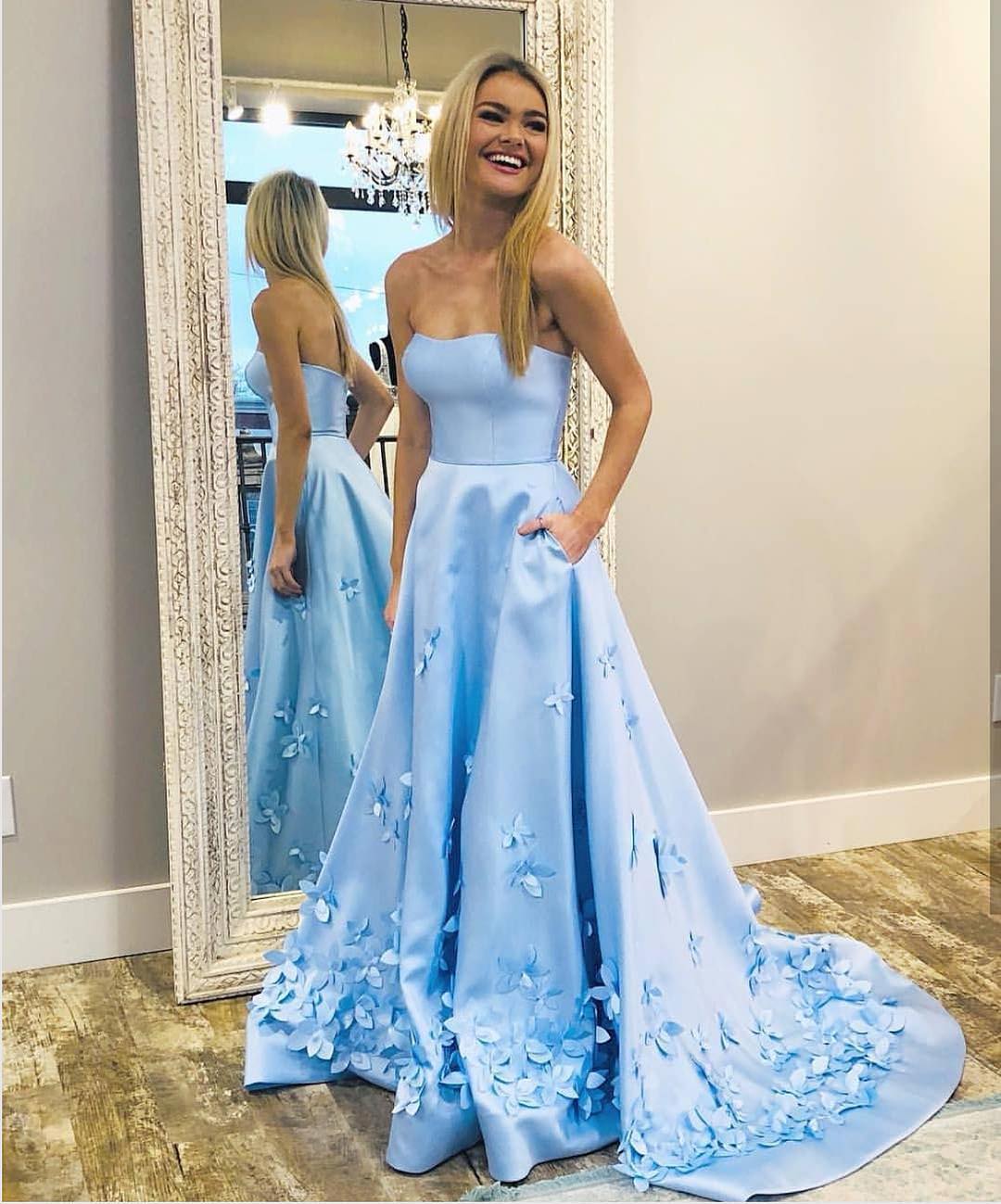 Blue Floral Long Satin Strapless A-Line Prom Dress, PD2310061