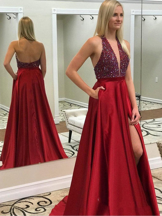 Empire Red Halter V-Neck Sleeveless Backless Split-Front Beaded Satin Prom Dress, PD2310082