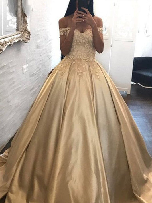 Sweetheart Off-the-Shoulder Satin Ball Gown Champagne Prom Dress, PD2310078