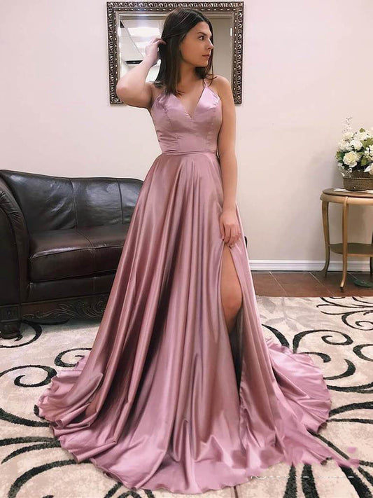 A-Line V-Neck Sleeveless Split-Front Criss Cross Satin Prom Dresses, PD2310121