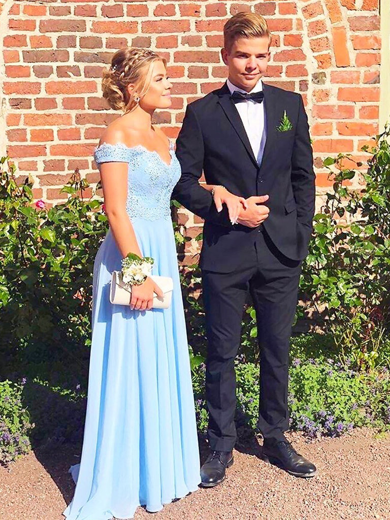 Blue Lace Off-the-Shoulder Prom Dresses, Blue Lace Off-the-Shoulder Bridesmaid Dresses, Long Formal Dresses, BD2306220