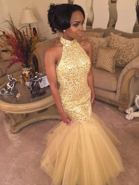 Mermaid Champagne Tulle Prom Dress with High Neck and African American Backless Design, PD2306137