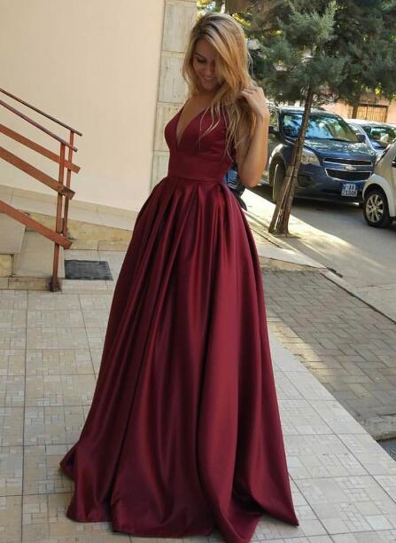 Burgundy Satin A-Line Prom, PD2305253