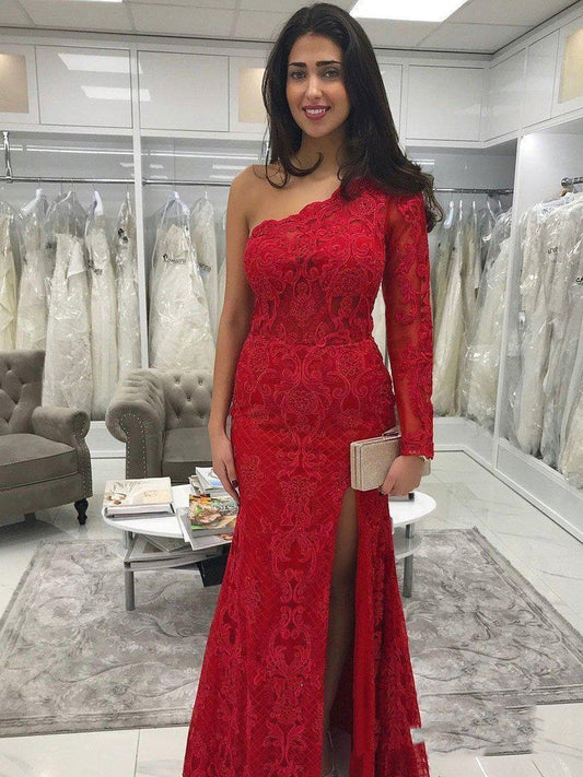 Red Lace One-Shoulder Split-Front Sheath Column Prom Dress, PD2305153