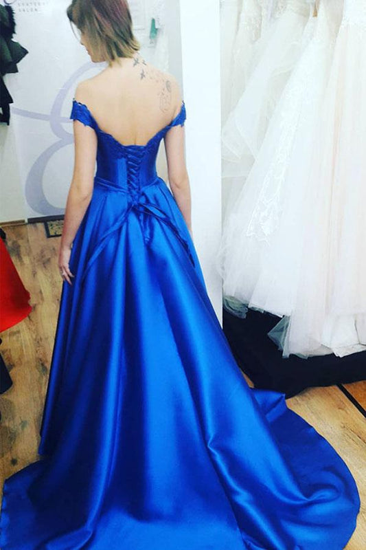 Off-Shoulder Royal Blue Satin A-Line Prom Dress with Lace-Up Back, PD2310064