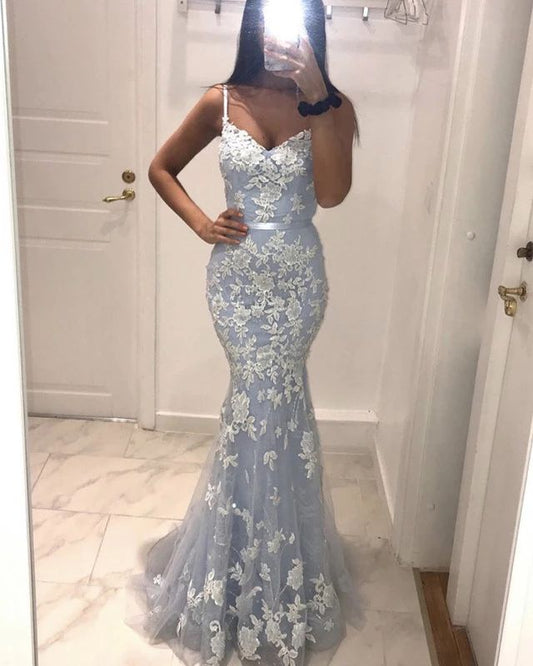 Light Sky Blue Sweetheart Tulle Prom Dress with White Appliques, PD2305054