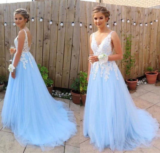 Elegant A-Line V Neck Tulle Blue and White Appliques Backless Prom Dresses, PD2308306