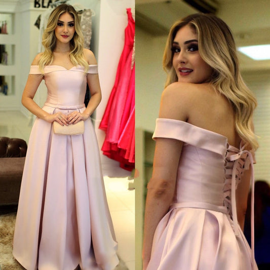 Pink Lace Up Back Off Shoulder A-Line Satin Prom Dress, PD2308253