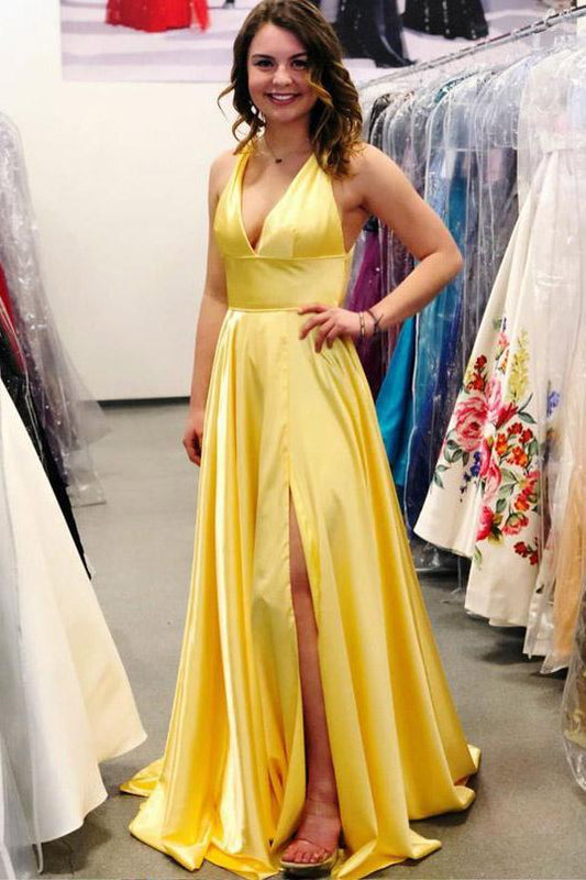 Daffodil Halter V-Neck Side Slit Backless A-Line Prom Dress, PD2306018